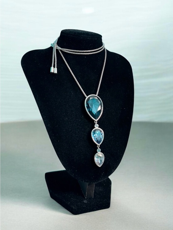 Touchstone Crystal Jewelry - Touchstone Crystal Swarovski Blue Teardrop Adjustable Necklace Silver Tone